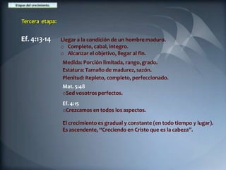 Tercera etapa:
Ef. 4:13-14 Llegar a la condición de un hombre maduro.
o Completo, cabal, integro.
o Alcanzar el objetivo, llegar al fin.
Medida: Porción limitada, rango,grado.
Estatura: Tamaño de madurez, sazón.
Plenitud: Repleto, completo, perfeccionado.
Mat. 5:48
oSed vosotros perfectos.
Ef. 4:15
oCrezcamos en todos los aspectos.
El crecimiento es gradual y constante (en todo tiempo y lugar).
Es ascendente, “Creciendo en Cristo que es la cabeza”.
 