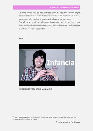 ETAPAS DEL DESARROLLO HUMANO 
Zuzetty Mondragón Malca 
De este modo, en los tres primeros años el pequeño infante logra conquistas humanas tan valiosas y decisivas como manejar sus manos, ponerse de pie, caminara, hablar, y desplazarse por su medio. 
Esta etapa es predominantemente hogareña, pero en los dos o tres últimos años el infante recibe la llamada Educación Inicial, que lo impulsa a un bien orientado desarrollo2. 
VIDEO 
INTERESANTE VIDEO SOBRE LA INFANCIA 1 
2 Es un proceso por en el cual cada ser humano tiene que vivir para ir creando una madurez adecuada a su edad.  