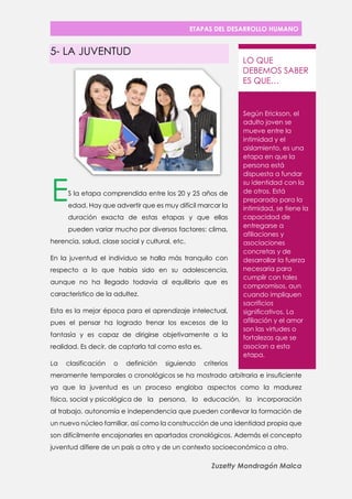 ETAPAS DEL DESARROLLO HUMANO 
Zuzetty Mondragón Malca 
5- LA JUVENTUD 
S la etapa comprendida entre los 20 y 25 años de edad. Hay que advertir que es muy difícil marcar la duración exacta de estas etapas y que ellas pueden variar mucho por diversos factores: clima, herencia, salud, clase social y cultural, etc. 
En la juventud el individuo se halla más tranquilo con respecto a lo que había sido en su adolescencia, aunque no ha llegado todavía al equilibrio que es característico de la adultez. 
Esta es la mejor época para el aprendizaje intelectual, pues el pensar ha logrado frenar los excesos de la fantasía y es capaz de dirigirse objetivamente a la realidad. Es decir, de captarla tal como esta es. 
La clasificación o definición siguiendo criterios meramente temporales o cronológicos se ha mostrado arbitraria e insuficiente ya que la juventud es un proceso engloba aspectos como la madurez física, social y psicológica de la persona, la educación, la incorporación al trabajo, autonomía e independencia que pueden conllevar la formación de un nuevo núcleo familiar, así como la construcción de una identidad propia que son difícilmente encajonarles en apartados cronológicos. Además el concepto juventud difiere de un país a otro y de un contexto socioeconómico a otro. 
E 
Según Erickson, el adulto joven se mueve entre la intimidad y el aislamiento, es una etapa en que la persona está dispuesta a fundar su identidad con la de otros. Está preparado para la intimidad, se tiene la capacidad de entregarse a afiliaciones y asociaciones concretas y de desarrollar la fuerza necesaria para cumplir con tales compromisos, aun cuando impliquen sacrificios significativos. La afiliación y el amor son las virtudes o fortalezas que se asocian a esta etapa. 
LO QUE DEBEMOS SABER ES QUE…  