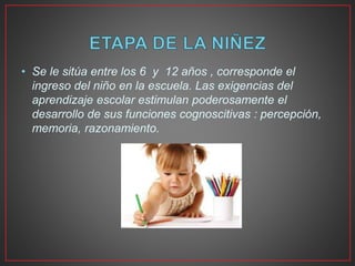 • Se le sitúa entre los 6 y 12 años , corresponde el
ingreso del niño en la escuela. Las exigencias del
aprendizaje escolar estimulan poderosamente el
desarrollo de sus funciones cognoscitivas : percepción,
memoria, razonamiento.
 