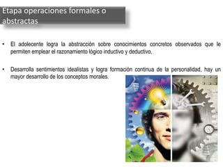 Etapa operaciones formales o
abstractas

• El adolecente logra la abstracción sobre conocimientos concretos observados que le
  permiten emplear el razonamiento lógico inductivo y deductivo.

• Desarrolla sentimientos idealistas y logra formación continua de la personalidad, hay un
  mayor desarrollo de los conceptos morales.
 