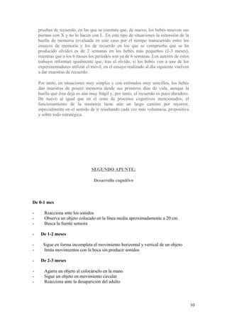 pruebas de recuerdo, en las que se constata que, de nuevo, los bebés mueven sus
    piernas con X y no lo hacen con L. En este tipo de situaciones la extensión de la
    huella de memoria (evaluada en este caso por el tiempo transcurrido entre los
    ensayos de memoria y los de recuerdo en los que se comprueba que se ha
    producido olvido) es de 2 semanas en los bebés más pequeños (2-3 meses),
    mientras que a los 6 meses los períodos son ya de 6 semanas. Los autores de estos
    trabajos informan igualmente que, tras el olvido, si los bebés ven a uno de los
    experimentadores utilizar el móvil, en el ensayo realizado al día siguiente vuelven
    a dar muestras de recuerdo.

    Por tanto, en situaciones muy simples y con estímulos muy sencillos, los bebés
    dan muestras de poseer memoria desde sus primeros días de vida, aunque la
    huella que ésta deja es aún muy frágil y, por tanto, el recuerdo es poco duradero.
    De nuevo al igual que en el resto de procesos cognitivos mencionados, el
    funcionamiento de la memoria tiene aún un largo camino por recorrer,
    especialmente en el sentido de ir resultando cada vez más voluntaria, propositiva
    y sobre todo estratégica.




                                 SEGUNDO APUNTE:

                                  Desarrollo cognitivo



De 0-1 mes

-      Reacciona ante los sonidos
-      Observa un objeto colocado en la línea media aproximadamente a 20 cm.
-      Busca la fuente sensora

-    De 1-2 meses

-     Sigue en forma incompleta el movimiento horizontal y vertical de un objeto
-     Imita movimientos con la boca sin producir sonidos

-    De 2-3 meses

-      Agarra un objeto al colocárselo en la mano
-      Sigue un objeto en movimiento circular
-      Reacciona ante la desaparición del adulto




                                                                                          10
 