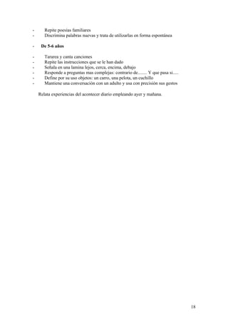 -      Repite poesías familiares
-      Discrimina palabras nuevas y trata de utilizarlas en forma espontánea

-    De 5-6 años

-      Tararea y canta canciones
-      Repite las instrucciones que se le han dado
-      Señala en una lamina lejos, cerca, encima, debajo
-      Responde a preguntas mas complejas: contrario de........ Y que pasa si.....
-      Define por su uso objetos: un carro, una pelota, un cuchillo
-      Mantiene una conversación con un adulto y usa con precisión sus gestos

    Relata experiencias del acontecer diario empleando ayer y mañana.




                                                                                     18
 
