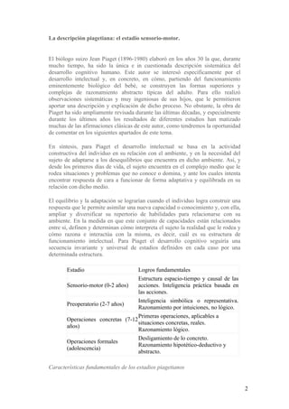 La descripción piagetiana: el estadio sensorio-motor.


El biólogo suizo Jean Piaget (1896-1980) elaboró en los años 30 la que, durante
mucho tiempo, ha sido la única e in cuestionada descripción sistemática del
desarrollo cognitivo humano. Este autor se interesó específicamente por el
desarrollo intelectual y, en concreto, en cómo, partiendo del funcionamiento
eminentemente biológico del bebé, se construyen las formas superiores y
complejas de razonamiento abstracto típicas del adulto. Para ello realizó
observaciones sistemáticas y muy ingeniosas de sus hijos, que le permitieron
aportar una descripción y explicación de dicho proceso. No obstante, la obra de
Piaget ha sido ampliamente revisada durante las últimas décadas, y especialmente
durante los últimos años los resultados de diferentes estudios han matizado
muchas de las afirmaciones clásicas de este autor, como tendremos la oportunidad
de comentar en los siguientes apartados de este tema.

En síntesis, para Piaget el desarrollo intelectual se basa en la actividad
constructiva del individuo en su relación con el ambiente, y en la necesidad del
sujeto de adaptarse a los desequilibrios que encuentra en dicho ambiente. Así, y
desde los primeros días de vida, el sujeto encuentra en el complejo medio que le
rodea situaciones y problemas que no conoce o domina, y ante los cuales intenta
encontrar respuesta de cara a funcionar de forma adaptativa y equilibrada en su
relación con dicho medio.

El equilibrio y la adaptación se lograrían cuando el individuo logra construir una
respuesta que le permite asimilar una nueva capacidad o conocimiento y, con ella,
ampliar y diversificar su repertorio de habilidades para relacionarse con su
ambiente. En la medida en que este conjunto de capacidades están relacionados
entre sí, definen y determinan cómo interpreta el sujeto la realidad que le rodea y
cómo razona e interactúa con la misma, es decir, cuál es su estructura de
funcionamiento intelectual. Para Piaget el desarrollo cognitivo seguiría una
secuencia invariante y universal de estadios definidos en cada caso por una
determinada estructura.

       Estadio                     Logros fundamentales
                                   Estructura espacio-tiempo y causal de las
       Sensorio-motor (0-2 años)   acciones. Inteligencia práctica basada en
                                   las acciones.
                                   Inteligencia simbólica o representativa.
       Preoperatorio (2-7 años)
                                   Razonamiento por intuiciones, no lógico.
                                   Primeras operaciones, aplicables a
       Operaciones concretas (7-12
                                   situaciones concretas, reales.
       años)
                                   Razonamiento lógico.
                                   Desligamiento de lo concreto.
       Operaciones formales
                                   Razonamiento hipotético-deductivo y
       (adolescencia)
                                   abstracto.

Características fundamentales de los estadios piagetianos


                                                                                      2
 