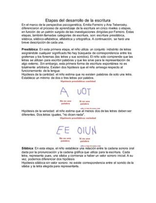 Etapas del desarrollo de la escritura
En el marco de la perspectiva psicogenética, Emilia Ferreiro y Ana Teberosky,
diferenciaron el proceso de aprendizaje de la escritura en cinco niveles o etapas,
en función de un patrón surgido de las investigaciones dirigidas por Ferreiro. Estas
etapas, también llamadas categorías de escritura, son: escritura presilábica,
silábica, silábico-alfabética, alfabética y ortográfica. A continuación, se hará una
breve descripción de cada una.
Presilábica: En esta primera etapa, el niño utiliza un conjunto indistinto de letras
asignándole cualquier significado No hay búsqueda de correspondencia entre los
grafemas y los fonemas (las letras y sus sonidos). El niño solo comprende que las
letras se utilizan para escribir palabras y que les sirve para la representación de
algo externo. Sin embargo, esta primera forma de escritura espontánea no es
totalmente arbitraria. Existen dos hipótesis que el niño arriesga respecto al
funcionamiento de la lengua:
Hipótesis de la cantidad: el niño estima que no existen palabras de solo una letra.
Establece un mínimo de dos o tres letras por palabra.
Hipótesis de la variedad: el niño estima que al menos dos de las letras deben ser
diferentes. Dos letras iguales, "no dicen nada".
Silábica: En esta etapa, el niño establece una relación entre la cadena sonora oral
dada por la pronunciación y la cadena gráfica que utiliza para la escritura. Cada
letra, representa pues, una sílaba y comienza a haber un valor sonoro inicial. A su
vez, podemos diferenciar dos hipótesis
Hipótesis silábica sin valor sonoro: no existe correspondencia entre el sonido de la
sílaba y la letra elegida para representarla.
 