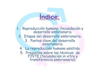 Índice:
1. Reproducción humana: fecundación y
          desarrollo embrionario.
 2. Etapas del desarrollo embrionario.
     3. Puntos clave del desarrollo
               embrionario.
  4. La reproducción humana asistida.
  5. Preguntas sobre las técnicas de
       FIVTE (fecundación in vitro y
        transferencia embrionaria).
 