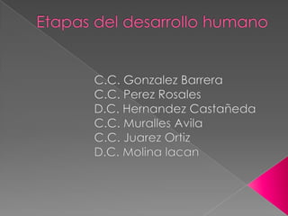 Etapas del desarrollo humano	 C.C.Gonzalez Barrera		 C.C. Perez Rosales			 D.C. Hernandez Castañeda	 C.C. MurallesAvila C.C. Juarez Ortiz			 D.C. Molina lacan			  