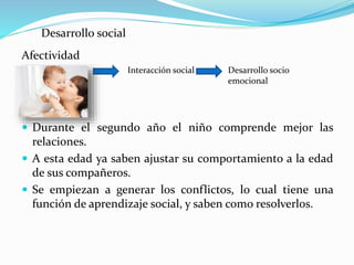 Afectividad
 Durante el segundo año el niño comprende mejor las
relaciones.
 A esta edad ya saben ajustar su comportamiento a la edad
de sus compañeros.
 Se empiezan a generar los conflictos, lo cual tiene una
función de aprendizaje social, y saben como resolverlos.
Interacción social Desarrollo socio
emocional
Desarrollo social
 