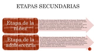 
•La Niñez es la tercera etapa del desarrollo del ser humano. Normalmente
esta etapa del crecimiento de la vida humana se sitúa entre los 6 y 12 años.
Coincide con la escolarización o ingreso del niño en la escuela, lo que
significa la convivencia con otros seres humanos de su misma edad y por lo
tanto, iguales en derechos, deberes y requerimientos de atención. Las
exigencias del aprendizaje escolar trabajan y estimulan el desarrollo de sus
funciones cognoscitivas : la percepción, memoria y el razonamiento
Etapa de la
niñez
•La Adolescencia es la cuarta etapa del desarrollo del ser humano. Está
comprendida aproximadamente entre los 12 a 20 años aunque varía mucho
de un ser humano a otro. Es muy variable y resulta difícil precisar con
exactitud cuando termina, dependiendo de factores sociales, económicos y
culturales. Normalmente en sociedades más primitivas dura mucho menos
que en sociedades más civilizadas. A su vez se ha comprobado que las
mujeres maduran antes que los hombres.
Etapa de la
adolescencia
 