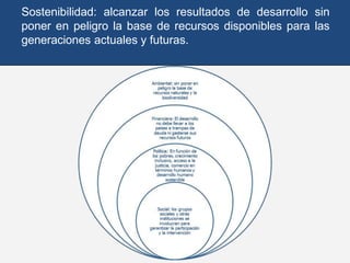 Sostenibilidad: alcanzar los resultados de desarrollo sin
poner en peligro la base de recursos disponibles para las
generaciones actuales y futuras.
 