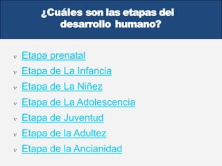 ¿Cuáles son las etapas del
desarrollo humano?
 Etapa prenatal
 Etapa de La Infancia
 Etapa de La Niñez
 Etapa de La Adolescencia
 Etapa de Juventud
 Etapa de la Adultez
 Etapa de la Ancianidad
 
