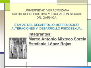 UNIVERSIDAD VERACRUZANA
SALUD REPRODUCTIVA Y EDUCACION SEXUAL
DR. GARNICA.
ETAPAS DEL DESARROLLO MORFOLOGICO,
ALTERACIONES Y DESARROLLO PSICOSEXUAL
Integrantes:
Marco Antonio Mixteco Sorcia
Estefanía López Rojas
 