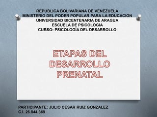 REPÚBLICA BOLIVARIANA DE VENEZUELA
MINISTERIO DEL PODER POPULAR PARA LA EDUCACION
UNIVERSIDAD BICENTENARIA DE ARAGUA
ESCUELA DE PSICOLOGIA
CURSO: PSICOLOGÍA DEL DESARROLLO
PARTICIPANTE: JULIO CESAR RUIZ GONZALEZ
C.I. 26.844.369
 