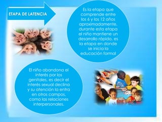 ETAPA DE LATENCIA
Es la etapa que
comprende entre
los 6 y los 12 años
aproximadamente,
durante esta etapa
el niño mantiene un
desarrollo rápido, es
la etapa en donde
se inicia la
educación formal
El niño abandona el
interés por los
genitales, es decir el
interés sexual declina
y su atención la entra
en otros campos,
como las relaciones
interpersonales.
 