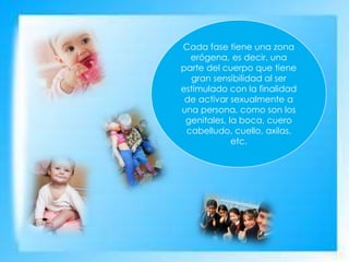 Cada fase tiene una zona
erógena, es decir, una
parte del cuerpo que tiene
gran sensibilidad al ser
estimulado con la finalidad
de activar sexualmente a
una persona, como son los
genitales, la boca, cuero
cabelludo, cuello, axilas,
etc.
 