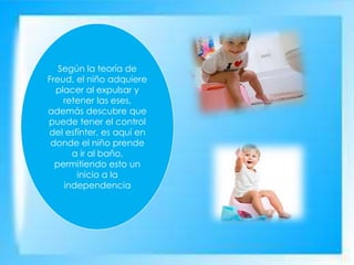  .
Según la teoría de
Freud, el niño adquiere
placer al expulsar y
retener las eses,
además descubre que
puede tener el control
del esfínter, es aquí en
donde el niño prende
a ir al baño,
permitiendo esto un
inicio a la
independencia
 