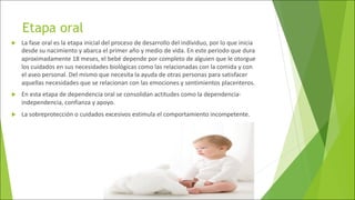 Etapa oral
u La fase oral es la etapa inicial del proceso de desarrollo del individuo, por lo que inicia
desde su nacimiento y abarca el primer año y medio de vida. En este periodo que dura
aproximadamente 18 meses, el bebé depende por completo de alguien que le otorgue
los cuidados en sus necesidades biológicas como las relacionadas con la comida y con
el aseo personal. Del mismo que necesita la ayuda de otras personas para satisfacer
aquellas necesidades que se relacionan con las emociones y sentimientos placenteros.
u En esta etapa de dependencia oral se consolidan actitudes como la dependencia-
independencia, confianza y apoyo.
u La sobreprotección o cuidados excesivos estimula el comportamiento incompetente.
 