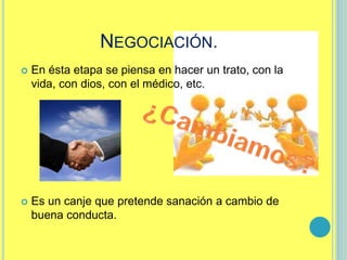 NEGOCIACIÓN.
 En ésta etapa se piensa en hacer un trato, con la
vida, con dios, con el médico, etc.
 Es un canje que pretende sanación a cambio de
buena conducta.
 