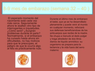 8-9 mes de embarazo (semana 32 – 40 )
El esperado momento del
nacimiento está cada vez
más cerca. Seguramente
ahora te asaltan otro tipo de
interrogantes e inquietudes.
¿Cómo será? ¿Surgirán
problemas durante el parto?
Normalmente, si el embarazo
ha cursado hasta ahora sin
dificultades, no hay motivos
para que te preocupes, el
peligro de que le ocurra algo
al feto es prácticamente nulo.
Durante el último mes de embarazo
el bebé, que ya se ha desarrollado
plenamente y puede venir al mundo
en cualquier momento, reforzará
sus defensas beneficiandose de los
anticuerpos que recibe de la madre.
Se chupa a menudo el dedo pulgar
y traga alrededor de dos litros
diarios de líquido amniótico: su
organismo se prepara para la
lactancia y la vida fuera del seno
materno
 