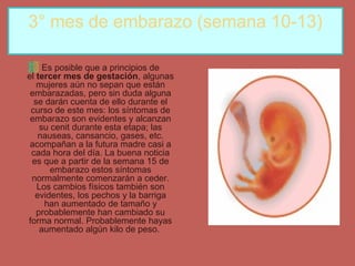 3° mes de embarazo (semana 10-13)
Es posible que a principios de
el tercer mes de gestación, algunas
mujeres aún no sepan que están
embarazadas, pero sin duda alguna
se darán cuenta de ello durante el
curso de este mes: los síntomas de
embarazo son evidentes y alcanzan
su cenit durante esta etapa; las
nauseas, cansancio, gases, etc.
acompañan a la futura madre casi a
cada hora del día. La buena noticia
es que a partir de la semana 15 de
embarazo estos síntomas
normalmente comenzarán a ceder.
Los cambios físicos también son
evidentes, los pechos y la barriga
han aumentado de tamaño y
probablemente han cambiado su
forma normal. Probablemente hayas
aumentado algún kilo de peso.
 