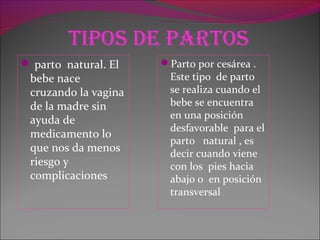 TipoS de parToS
 parto natural. El
bebe nace
cruzando la vagina
de la madre sin
ayuda de
medicamento lo
que nos da menos
riesgo y
complicaciones
Parto por cesárea .
Este tipo de parto
se realiza cuando el
bebe se encuentra
en una posición
desfavorable para el
parto natural , es
decir cuando viene
con los pies hacia
abajo o en posición
transversal
 
