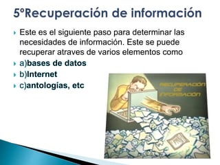  Este es el siguiente paso para determinar las 
necesidades de información. Este se puede 
recuperar atraves de varios elementos como 
 
