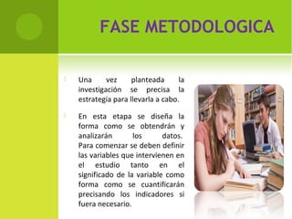 FASE METODOLOGICA 
 Una vez planteada la 
investigación se precisa la 
estrategia para llevarla a cabo. 
 En esta etapa se diseña la 
forma como se obtendrán y 
analizarán los datos. 
Para comenzar se deben definir 
las variables que intervienen en 
el estudio tanto en el 
significado de la variable como 
forma como se cuantificarán 
precisando los indicadores si 
fuera necesario. 
 