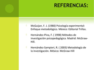 REFERENCIAS: 
 McGuijan, F. J. (1980) Psicología experimental: 
Enfoque metodológico. México: Editorial Trillas. 
 Hernández-Pina, F. ( 1998) Métodos de 
investigación psicopedagógica. Madrid: McGraw- 
Hill. 
 Hernández-Sampieri, R. ( 2003) Metodología de 
la investigación. México: McGraw-Hill 
