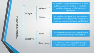 VELOCIDADLECTORA
Integral
Selectiva
Es más lenta porque es necesario ir al fondo
del texto, comprenderlo en su totalidad y
analizarlo para que la información se
desmenuce.
Es más lenta, es la que sirve para leer una
obra literaria, un documento personal, un
cartel, un programa de teatro o publicidad.
Se revisan rápidamente los contenidos y se
fija la información que nos interesa.
Se forma una primera impresión que dirige la
atención. Hacia una ruta y no hacia otra.
Reflexiva
Mediana
Atenta
De un vistazo
 