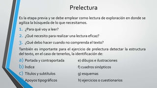 Prelectura
Es la etapa previa y se debe emplear como lectura de exploración en donde se
agiliza la búsqueda de lo que necesitamos.
1. ¿Para qué voy a leer?
2. ¿Qué necesito para realizar una lectura eficaz?
3. ¿Qué debo hacer cuando no comprenda el texto?
También es importante para el ejercicio de prelectura detectar la estructura
del texto, en el caso de tenerlos, la identificación de:
a) Portada y contraportada e) dibujos e ilustraciones
b) Índice f) cuadros sinópticos
c) Títulos y subtítulos g) esquemas
d) Apoyos tipográficos h) ejercicios o cuestionarios
 