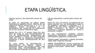 ETAPA LINGÜÍSTICA.
De los quince a los dieciocho meses de
edad.
El niño se encuentra en plena etapa
holofrástica (palabra-frase). Dentro de su
repertorio léxico cuenta con 5 a 15 ó 20
palabras, mayor incremento en su
vocabulario por medio de las inflexiones
de su voz al querer identificar algo.
Desde los 16 ó 17 meses hasta los dos
años de edad, es más frecuentemente el
uso de combinaciones espontáneas de
varias palabras y frases. el niño extiende
cada vez más su repertorio lingüístico y
comienza a hacer combinaciones de dos
palabras.
En esta edad, la identificación y
denominación de objetos, figuras y
diferentes partes del propio cuerpo, son
ejercicios muy recomendables para el
desarrollo del lenguaje verbal del niño.
De los dieciocho a veinticuatro meses de
edad.
Entre los 18 y 24 meses, la mayoría de los
niños cuentan con un vocabulario mayor a
50 palabras, pasando a combinar 2 a 3
palabras en una frase, dándose inicio al
habla "sintáctica"; es decir, el niño
comienza a articular palabras en frases y
oraciones simples.
En sus expresiones verbales utilizan
sustantivos (nombres), verbos (acciones) y
calificadores (adjetivos y adverbios).
"Zapato papá" (poseedor y objeto poseído),
"Sopa silla" (relación fortuita)
HABLA TELEGRÀFICA. Forma temprana de
uso de oraciones que consiste sólo algunas
palabras esenciales. “belita bade” abuelita
barre.
 