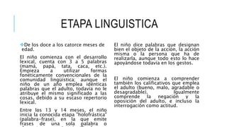 ETAPA LINGUISTICA
De los doce a los catorce meses de
edad.
El niño comienza con el desarrollo
lexical, cuenta con 3 a 5 palabras
(mamá, papá, tata, caca, etc.).
Empieza a utilizar formas
fonéticamente convencionales de la
comunidad lingüística; aunque el
niño de un año emplea idénticas
palabras que el adulto, todavía no le
atribuye el mismo significado a las
cosas, debido a su escaso repertorio
lexical.
Entre los 13 y 14 meses, el niño
inicia la conocida etapa "holofrástica"
(palabra-frase), en la que emite
frases de una sola palabra o
El niño dice palabras que designan
bien el objeto de la acción, la acción
misma o la persona que ha de
realizarla, aunque todo esto lo hace
apoyándose todavía en los gestos.
El niño comienza a comprender
también los calificativos que emplea
el adulto (bueno, malo, agradable o
desagradable). Igualmente
comprende la negación y la
oposición del adulto, e incluso la
interrogación como actitud.
 