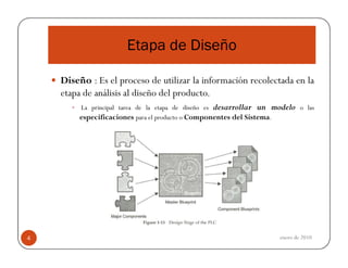 Etapa de Diseño
Diseño : Es el proceso de utilizar la información recolectada en la
etapa de análisis al diseño del producto.
La principal tarea de la etapa de diseño es desarrollar un modelo o las
especificaciones para el producto o Componentes del Sistema.

4

enero de 2010

 