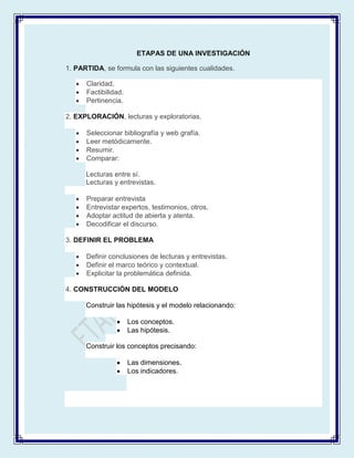 ETAPAS DE UNA INVESTIGACIÓN

1. PARTIDA, se formula con las siguientes cualidades.

      Claridad.
      Factibilidad.
      Pertinencia.

2. EXPLORACIÓN, lecturas y exploratorias.

      Seleccionar bibliografía y web grafía.
      Leer metódicamente.
      Resumir.
      Comparar:

      Lecturas entre sí.
      Lecturas y entrevistas.

      Preparar entrevista
      Entrevistar expertos, testimonios, otros.
      Adoptar actitud de abierta y atenta.
      Decodificar el discurso.

3. DEFINIR EL PROBLEMA

      Definir conclusiones de lecturas y entrevistas.
      Definir el marco teórico y contextual.
      Explicitar la problemática definida.

4. CONSTRUCCIÓN DEL MODELO

      Construir las hipótesis y el modelo relacionando:

                      Los conceptos.
                      Las hipótesis.

      Construir los conceptos precisando:

                      Las dimensiones.
                      Los indicadores.
 