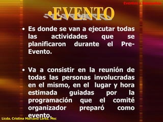 Eventos y BanquetesEVENTOEs donde se van a ejecutar todas las actividades que se planificaron durante el Pre- Evento. Va a consistir en la reunión de todas las personas involucradas en el mismo, en el  lugar y hora estimada guiadas por la programación que el comité organizador preparó como  evento.Licda. Cristina Marcano Lárez. Msc