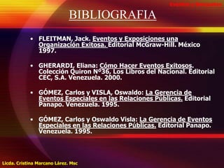 BIBLIOGRAFIAEventos y BanquetesFLEITMAN, Jack. Eventos y Exposiciones una Organización Exitosa. Editorial McGraw-Hill. México 1997.GHERARDI, Eliana: Cómo Hacer Eventos Exitosos. Colección Quiron Nº36, Los Libros del Nacional. Editorial CEC, S.A. Venezuela. 2000.GÓMEZ, Carlos y VISLA, Oswaldo: La Gerencia de Eventos Especiales en las Relaciones Públicas. Editorial Panapo. Venezuela. 1995.GÓMEZ, Carlos y Oswaldo Visla: La Gerencia de Eventos Especiales en las Relaciones Públicas. Editorial Panapo. Venezuela. 1995.Licda. Cristina Marcano Lárez. Msc