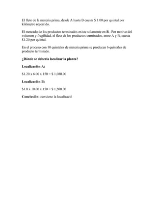 El flete de la materia prima, desde A hasta B cuesta $ 1.00 por quintal por
kilómetro recorrido.
El mercado de los productos terminados existe solamente en B . Por motivo del
volumen y fragilidad, el flete de los productos terminados, entre A y B, cuesta
$1.20 por quintal.
En el proceso con 10 quintales de materia prima se producen 6 quintales de
producto terminado.
¿Dónde se debería localizar la planta?
Localización A:
$1.20 x 6.00 x 150 = $ 1,080.00
Localización B:
$1.0 x 10.00 x 150 = $ 1,500.00
Conclusión: conviene la localizació
 