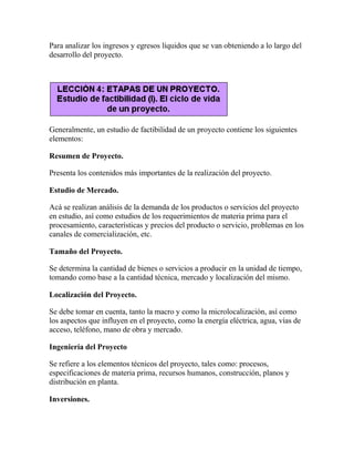 Para analizar los ingresos y egresos líquidos que se van obteniendo a lo largo del
desarrollo del proyecto.
Generalmente, un estudio de factibilidad de un proyecto contiene los siguientes
elementos:
Resumen de Proyecto.
Presenta los contenidos más importantes de la realización del proyecto.
Estudio de Mercado.
Acá se realizan análisis de la demanda de los productos o servicios del proyecto
en estudio, así como estudios de los requerimientos de materia prima para el
procesamiento, características y precios del producto o servicio, problemas en los
canales de comercialización, etc.
Tamaño del Proyecto.
Se determina la cantidad de bienes o servicios a producir en la unidad de tiempo,
tomando como base a la cantidad técnica, mercado y localización del mismo.
Localización del Proyecto.
Se debe tomar en cuenta, tanto la macro y como la microlocalización, así como
los aspectos que influyen en el proyecto, como la energía eléctrica, agua, vías de
acceso, teléfono, mano de obra y mercado.
Ingeniería del Proyecto
Se refiere a los elementos técnicos del proyecto, tales como: procesos,
especificaciones de materia prima, recursos humanos, construcción, planos y
distribución en planta.
Inversiones.
 
