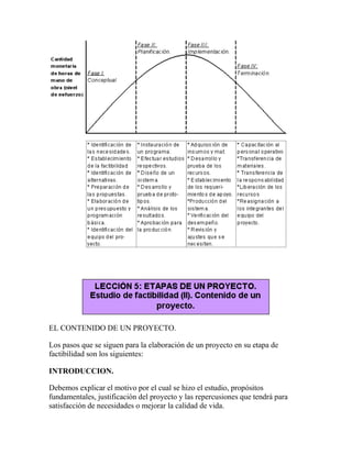 EL CONTENIDO DE UN PROYECTO.
Los pasos que se siguen para la elaboración de un proyecto en su etapa de
factibilidad son los siguientes:
INTRODUCCION.
Debemos explicar el motivo por el cual se hizo el estudio, propósitos
fundamentales, justificación del proyecto y las repercusiones que tendrá para
satisfacción de necesidades o mejorar la calidad de vida.
 
