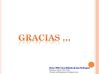 Econ. (MSc.) Luís Alfredo Gómez Rodríguez
Telefono: (0412) 853.70.20
E-mail: profluisgomez114@gmail.com
 