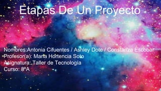 Etapas De Un Proyecto
Nombres:Antonia Cifuentes / Ashley Dote / Constanza Escobar
Profesor(a): Maria Hortencia Soto
Asignatura: Taller de Tecnología
Curso: 8ºA
 