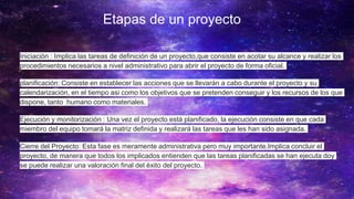 Etapas de un proyecto
Iniciación : Implica las tareas de definición de un proyecto,que consiste en acotar su alcance y realizar los
procedimientos necesarios a nivel administrativo para abrir el proyecto de forma oficial.
planificación: Consiste en establecer las acciones que se llevarán a cabo durante el proyecto y su
calendarización, en el tiempo asi como los objetivos que se pretenden conseguir y los recursos de los que
dispone, tanto humano como materiales.
Ejecución y monitorización : Una vez el proyecto está planificado, la ejecución consiste en que cada
miembro del equipo tomará la matriz definida y realizará las tareas que les han sido asignada.
Cierre del Proyecto: Esta fase es meramente administrativa pero muy importante.Implica concluir el
proyecto, de manera que todos los implicados entienden que las tareas planificadas se han ejecuta doy
se puede realizar una valoración final del éxito del proyecto.
 