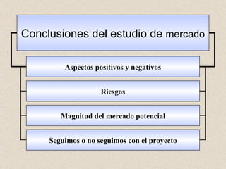 Riesgos Aspectos positivos y negativos Magnitud del mercado potencial Seguimos o no seguimos con el proyecto Conclusiones del estudio de  mercado 