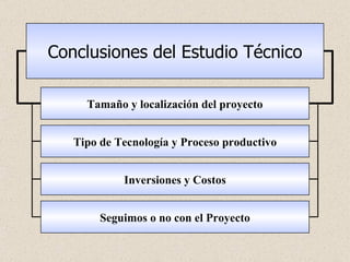 Tipo de Tecnología y Proceso productivo Tamaño y localización del proyecto Inversiones y Costos Seguimos o no con el Proyecto Conclusiones del Estudio Técnico 