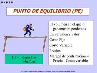 PUNTO DE EQUILIBRIO (PE) El volumen en el que ni ganamos ni perdemos En volumen y valor Costo Fijo Costo Variable Precios Margen de contribución = Precio - Costo variable P E =  Costo Fijo Mg Cont. 