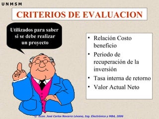 CRITERIOS DE EVALUACION Relación Costo beneficio Periodo de recuperación de la inversión Tasa interna de retorno Valor Actual Neto Utilizados para saber si se debe realizar un proyecto 