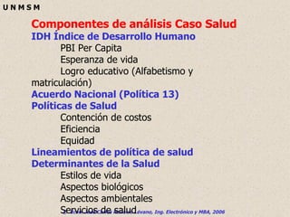 Componentes de análisis Caso Salud IDH Índice de Desarrollo Humano PBI Per Capita Esperanza de vida Logro educativo (Alfabetismo y matriculación) Acuerdo Nacional (Política 13)  Políticas de Salud Contención de costos Eficiencia Equidad Lineamientos de política de salud Determinantes de la Salud Estilos de vida Aspectos biológicos Aspectos ambientales Servicios de salud 