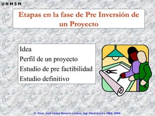 © Econ. José Carlos Navarro Lévano, Ing. Electrónico y MBA, 2006
U N M S M
Etapas en la fase de Pre Inversión de
un Proyecto
Idea
Perfil de un proyecto
Estudio de pre factibilidad
Estudio definitivo
 