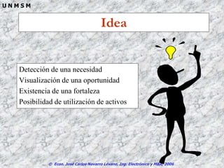 © Econ. José Carlos Navarro Lévano, Ing. Electrónico y MBA, 2006
U N M S M
Idea
Detección de una necesidad
Visualización de una oportunidad
Existencia de una fortaleza
Posibilidad de utilización de activos
 