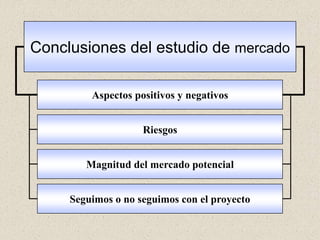 Riesgos
Aspectos positivos y negativos
Magnitud del mercado potencial
Seguimos o no seguimos con el proyecto
Conclusiones del estudio de mercado
 